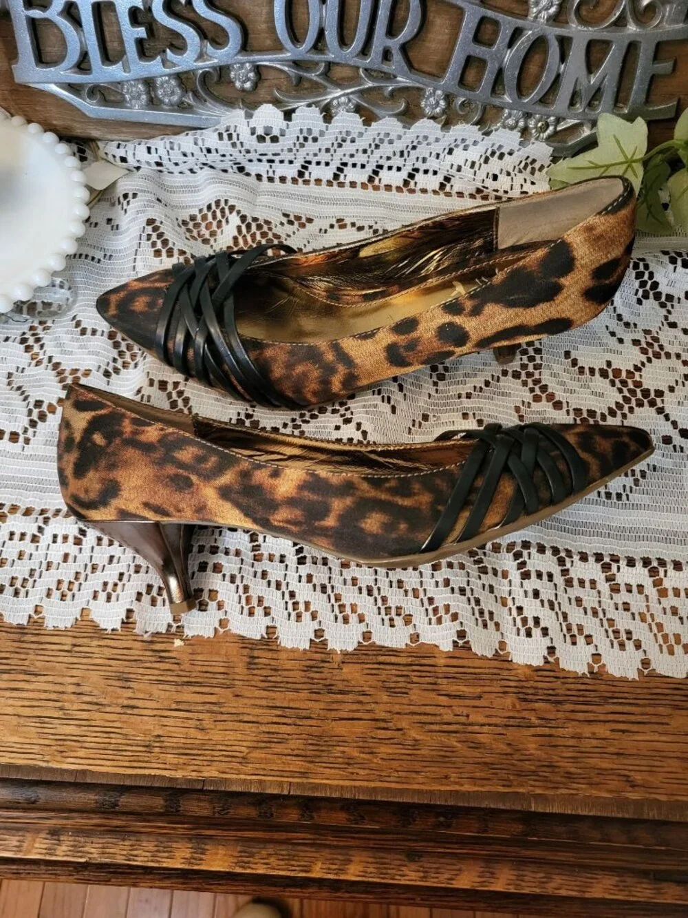 Kathy Van Zealand Leopard Bronze Metallic Pump Pointed Toe Heel 7.5 80s Party